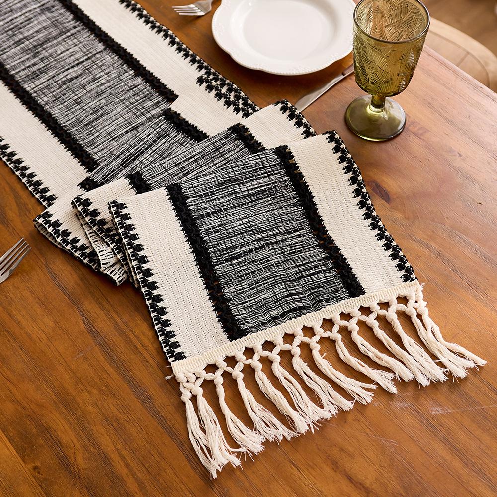

Nordic Cotton Linen Table Runner with Color Block, Knotted Openwork Tassels – Long Decorative Cloth for Living Room, TV Cabinet, and Coffee Table. 30x50