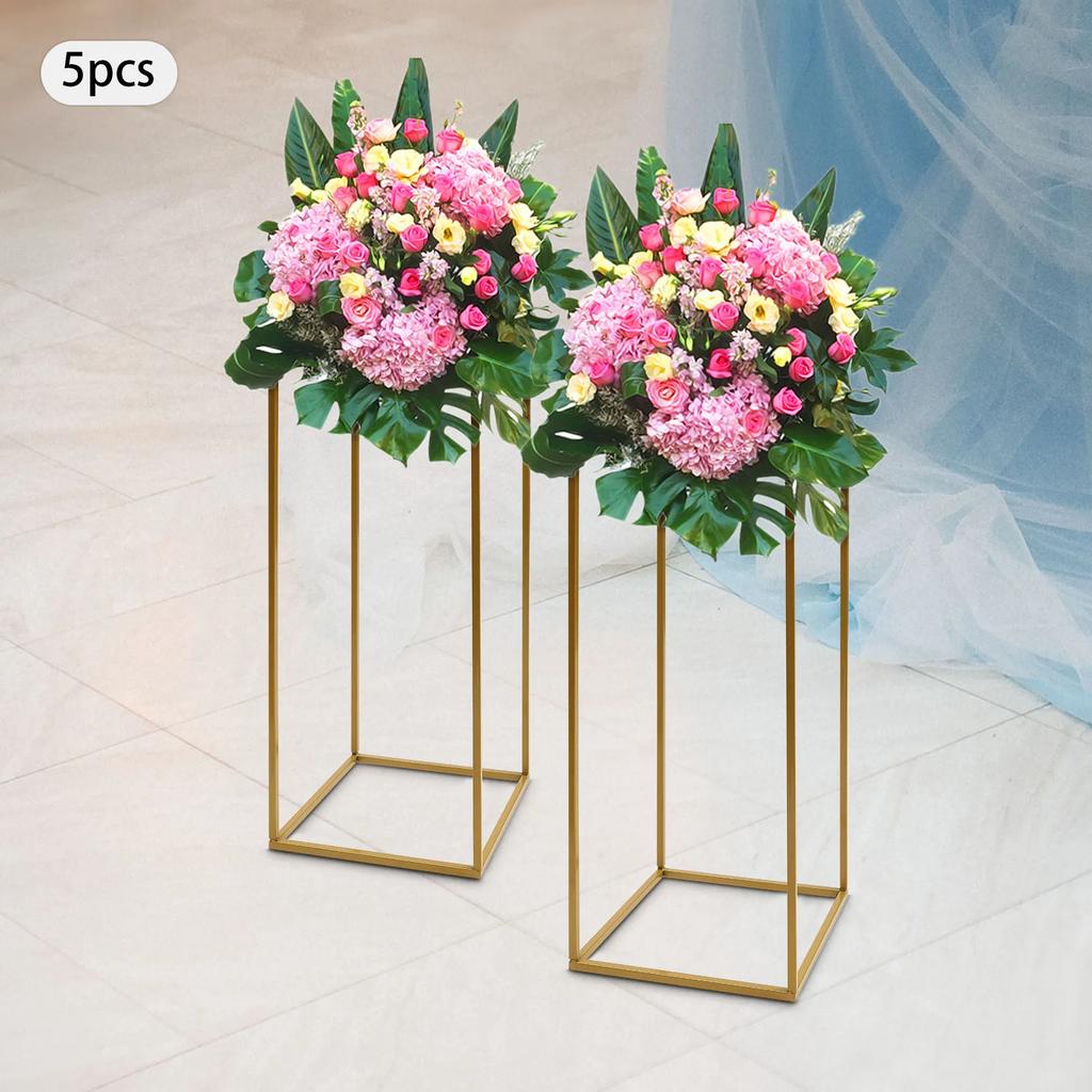 5-Piece Set 60cm Wedding Flower Stands Gold Geometric Iron Aisle Markers Removable Square T-Stage Decor for Elegant Celebrations