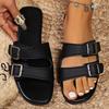 Large size buckle flat bottom one-word shoes women's open-toed retro wind beach cool slippers