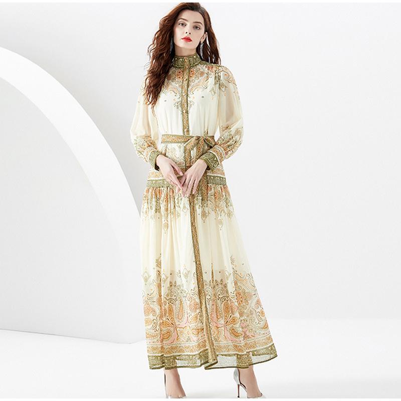 Spring New Style Women's Retro Vacation Style Stand-up Collar Lantern Sleeve Long Skirt Printed Dress Fashion Trend Beach Style Long Dress