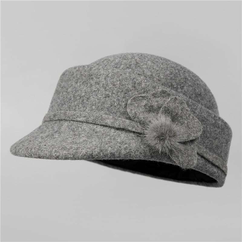 

Ретро женская шерстяная шапка на осень и зиму, элегантная теплая кепка с коротким козырьком в виде трехлистного цветка, маленькая жокейская шапка M（56-58cm） серый