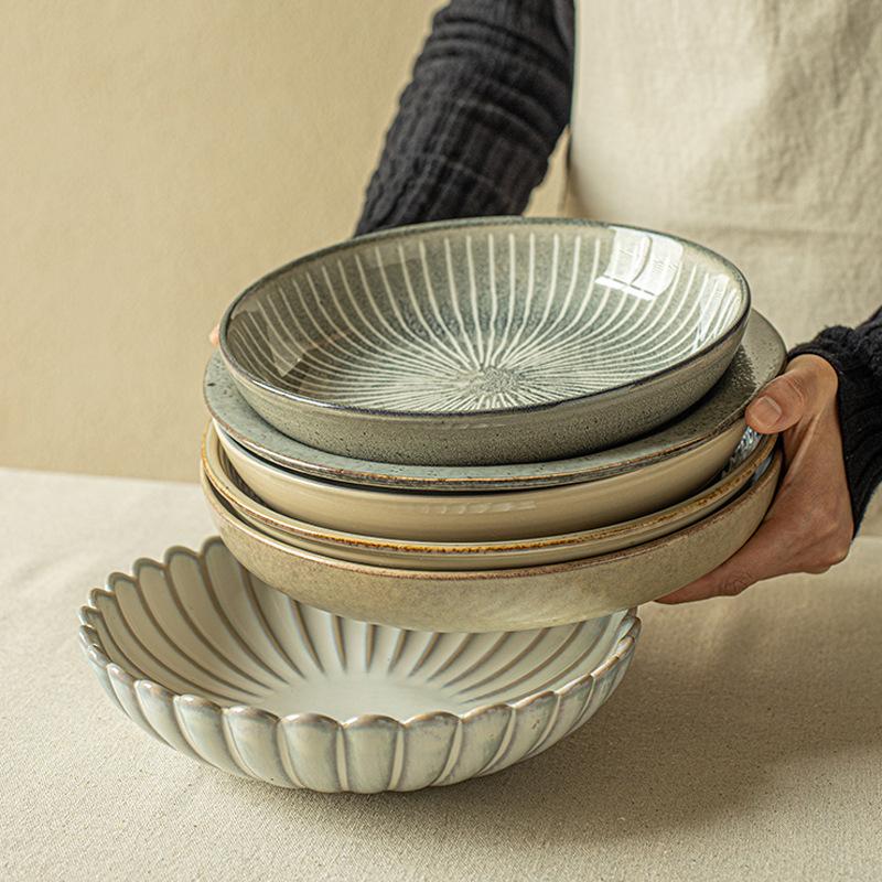Japanese Retro Versatile Household Deep Plate Set High Value Ceramic Thickened Vegetable Plate Salad Plate Breakfast Plate Tableware Plate