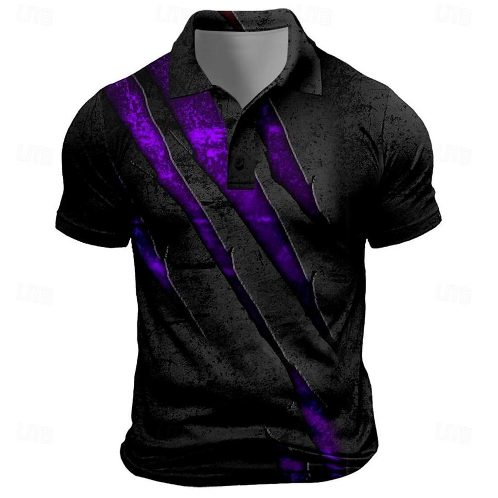 Vintage Men's Polo Shirt Scratch Print Casual Short Sleeve T-Shirt Lapel Buttons Golf Sport Shir