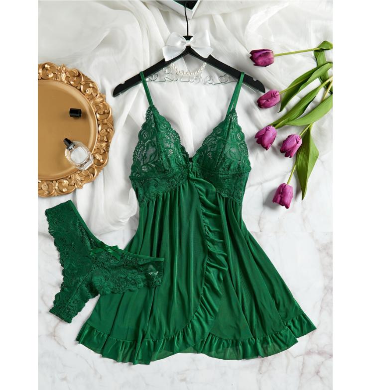 Tulle Suspenders Exquisite Women's Lencerias Lace V-Neck Underwear Semi-transparent Thong Dress Set Females Lingerie Nightgowns