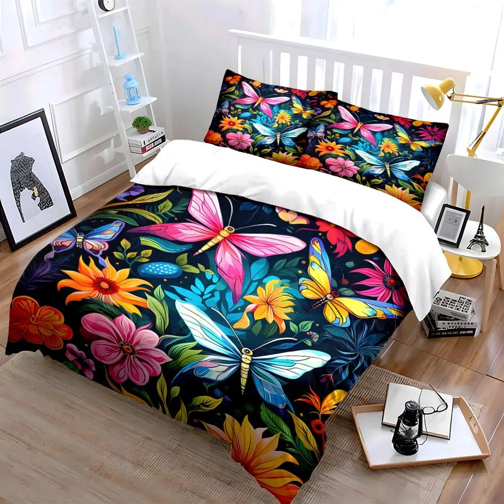 Colorful Butterfly Floral Decoration Soft Comfortable Duvet Cover Bedding Set Included 1*Duvet Cover & 2*Pillowcases Gift