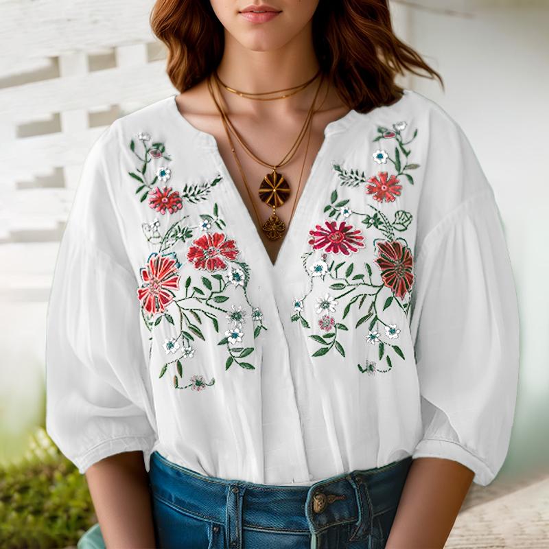 ZANZEA Women Summer V-Neck 3/4 Sleeve Loose Floral Embroidery Blouse