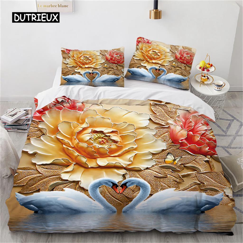 Romantische Schwan Bettbezug Mikrofaser Blume Bettwäsche Set Bettdeckenbezug Extra Groß Einzelbett für Liebhaber Schlafzimmer Romantische Dekoration