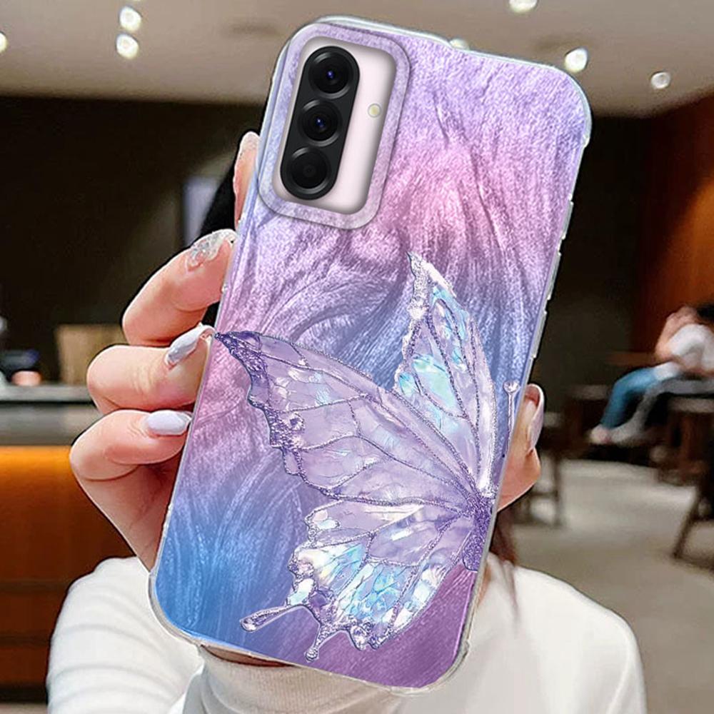 

Фиолетовые чехлы для телефонов с бабочками для Samsung Galaxy A56 A36 A26 A16 A55 A15 A25 A35 S25 силиконовые парные чехлы Samsung S24 FE белый