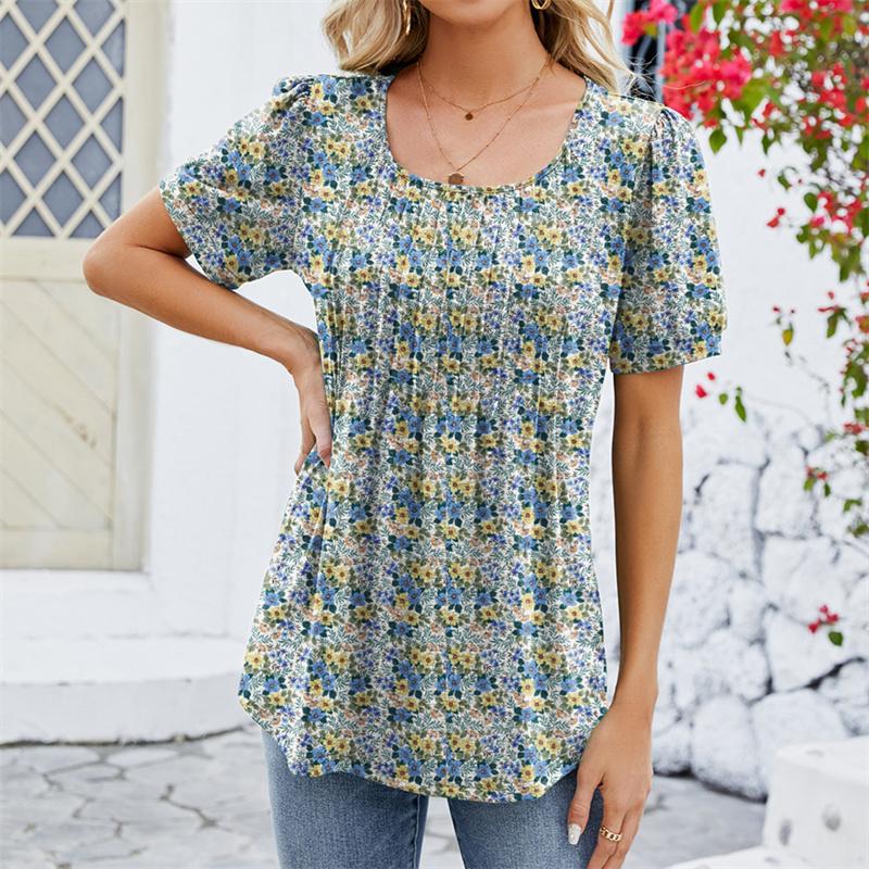 Spring Summer Pleated T Shirts Solid Color Women's Top Fashion O Neck Short Sleeve T-shirt