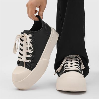 Men's Black White Derby Shoes Chunky Platform Sole Big Round Toe Breathable Leather Casual Lace-Up Sneakers Comfortable 2025 New