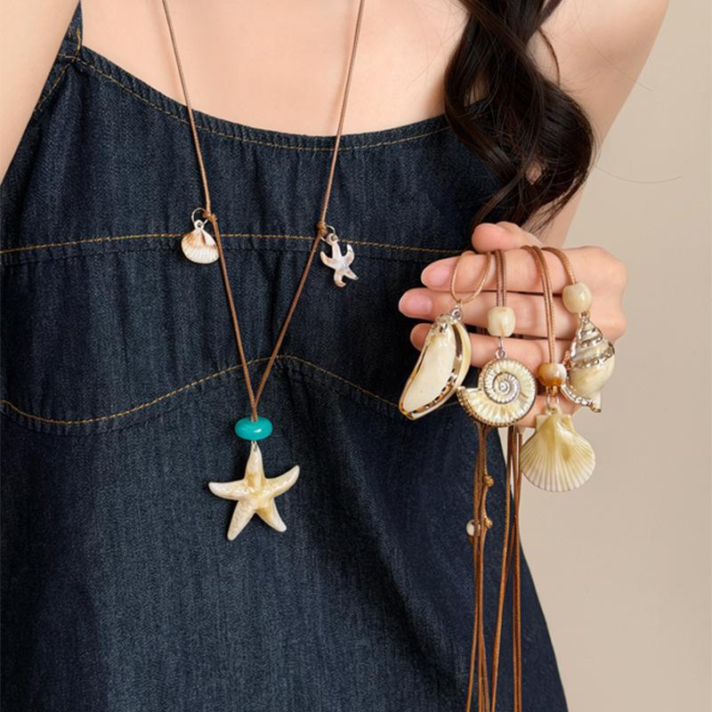 Starfish Shell Beaded Wax Rope Necklace Cute Bohemian Jewelry for Women Teen Girls Beach Vacation Wear