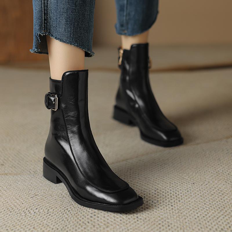Fashion 2025 New Autumn Women Boots Square Toe Low Heel Women Shoes Genuine Leather Retro Brown Ankle Boots Block Retro Leather Boots
