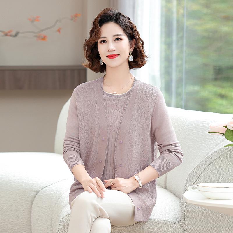 

Spring & Autumn Knit Two-Piece Set: Stylish Wide-Leg Pants & Long-Sleeve Top for Middle-Aged and Elderly Moms 2XL (110-120 Jin)