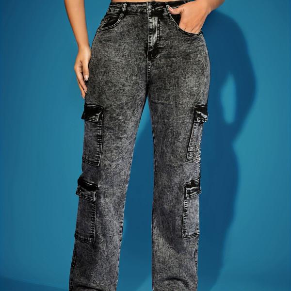 

Европейские и американские эластичные джинсовые брюки карго с несколькими карманами и цепочкой Small чёрный