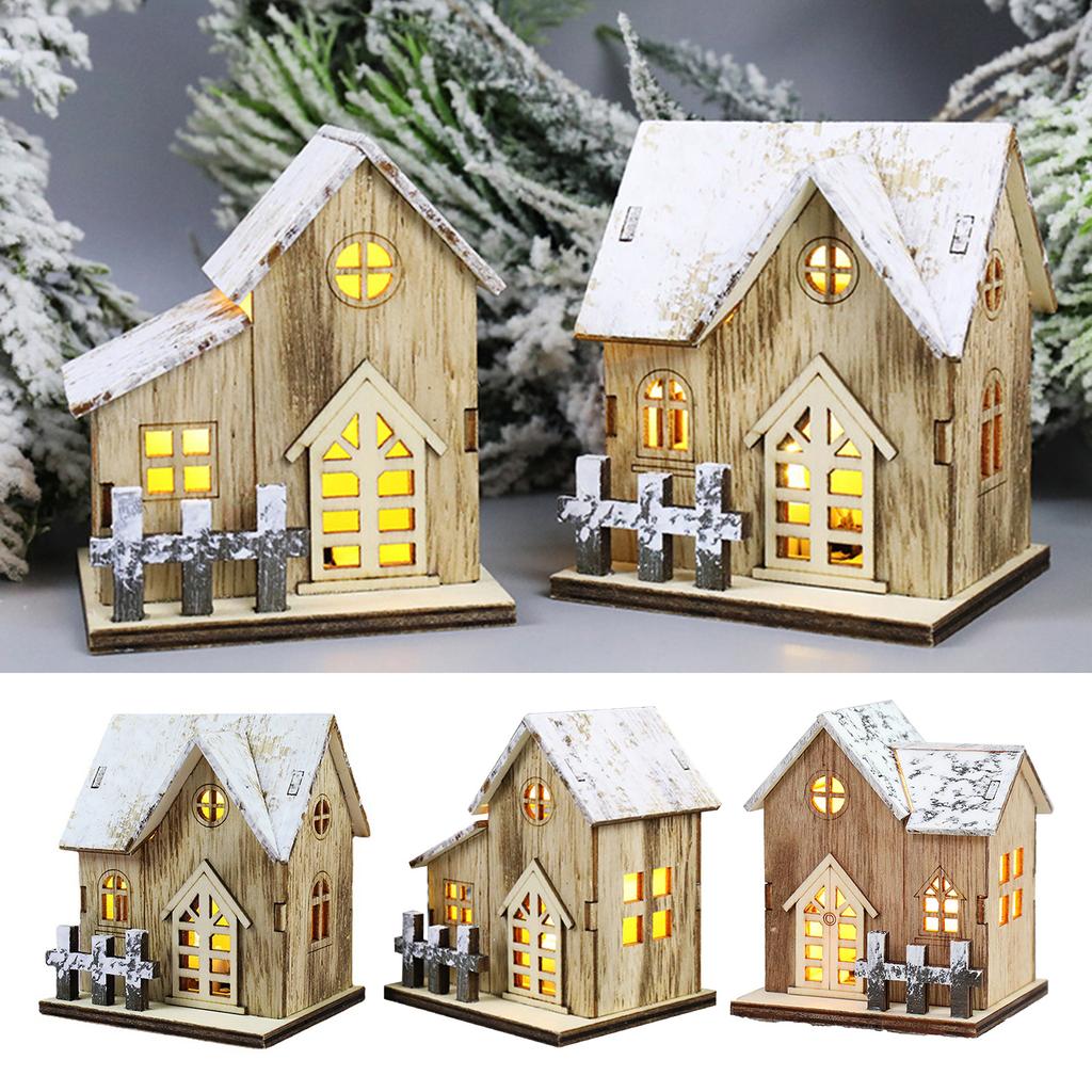 Illuminated Christmas Ornament Wood House Figurine Ornament Desktop Decorations for Holiday Decorations or Gift