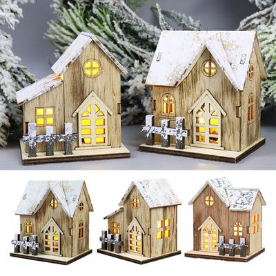 Illuminated Christmas Ornament Wood House Figurine Ornament Desktop Decorations for Holiday Decorations or Gift