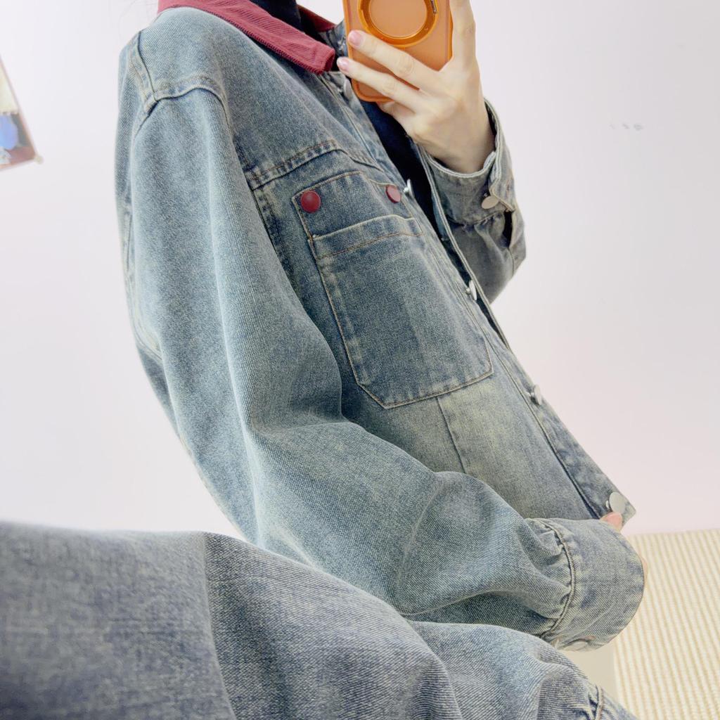 2026 Autumn Retro Slimming Patchwork Lapel Denim Jacket