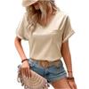 Women's Sading V-Neck Pocket Roll-up Short Sleeve Loose Top