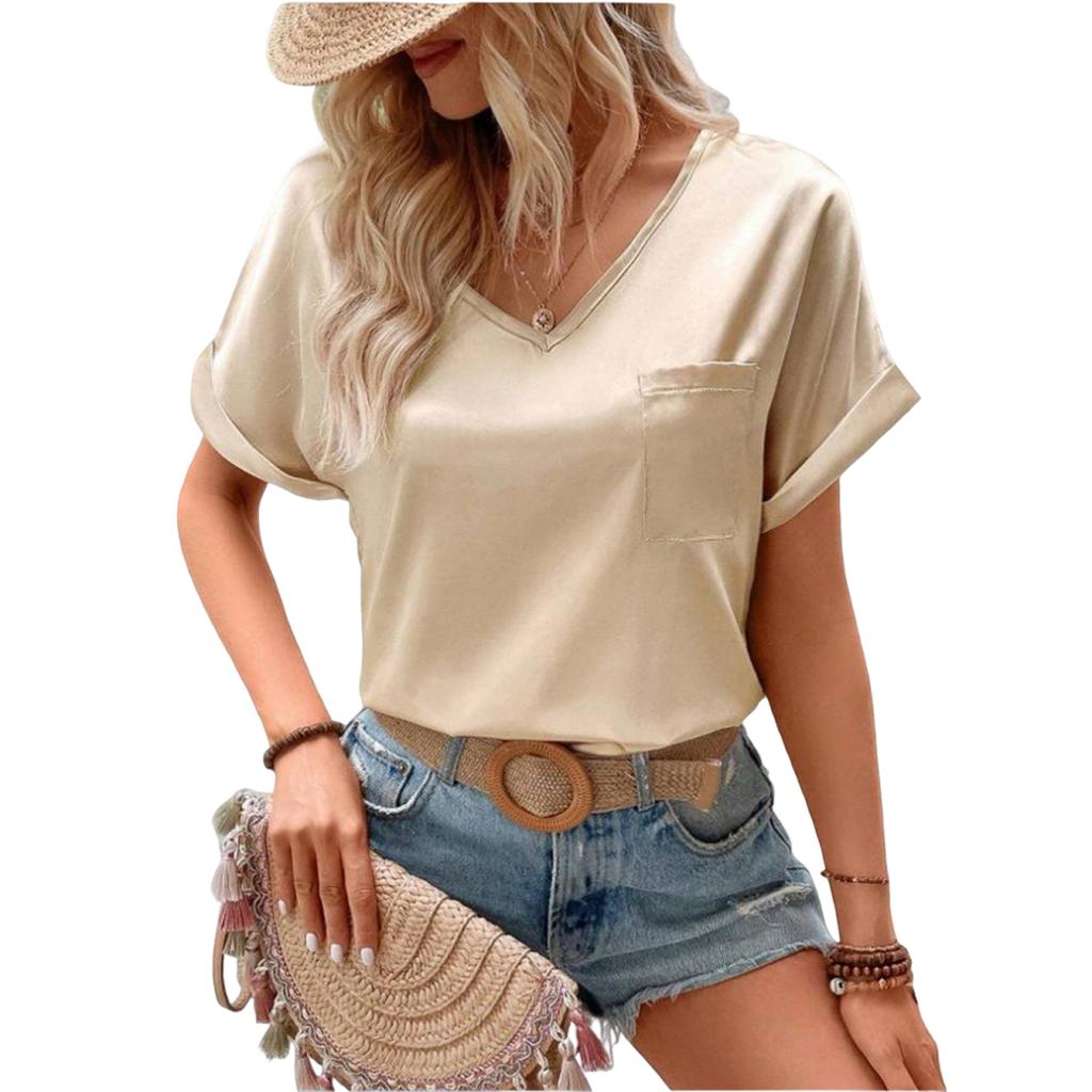 Women's Sading V-Neck Pocket Roll-up Short Sleeve Loose Top