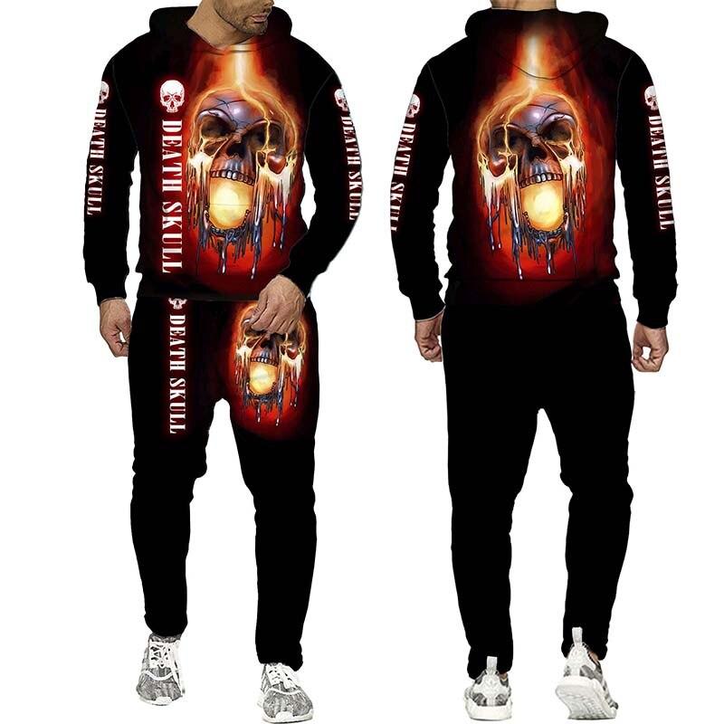 Set de hanorac cu glugă pentru bărbați cu imprimeu 3d punk craniu, haine sportive pentru bărbați, toamnă și iarnă