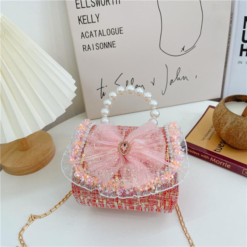

Trendy Girl s Mini Crossbody Bag With Pearl Accent Charming Princess Style For Kids Style 1 Red