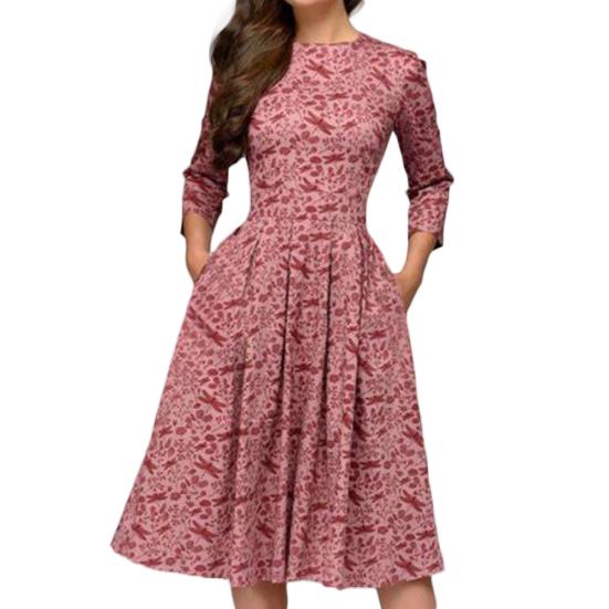 

Женская мода цветочный принт рукав круглый вырез А-силуэт тонкий рюшами вечеринка M. розовый