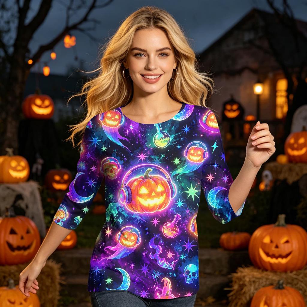 Womens Halloween Print Casual Three Quarter Sleeve Round Neck Top Lightweight Comfortable Fit Seasonal Shirt for Everyday Wear