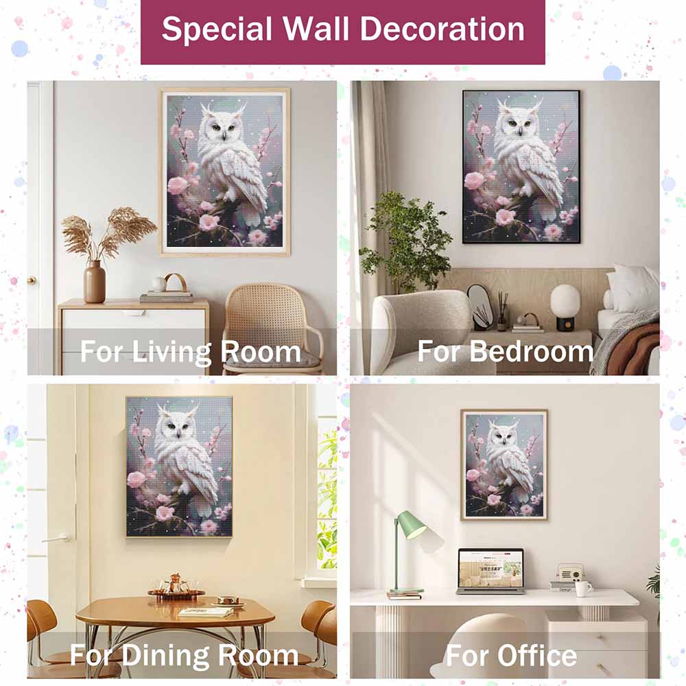 Diamantmalerei DIY-Set weiße Schneeeule mit Kirschblüten Kunst für Wohnzimmerdekoration