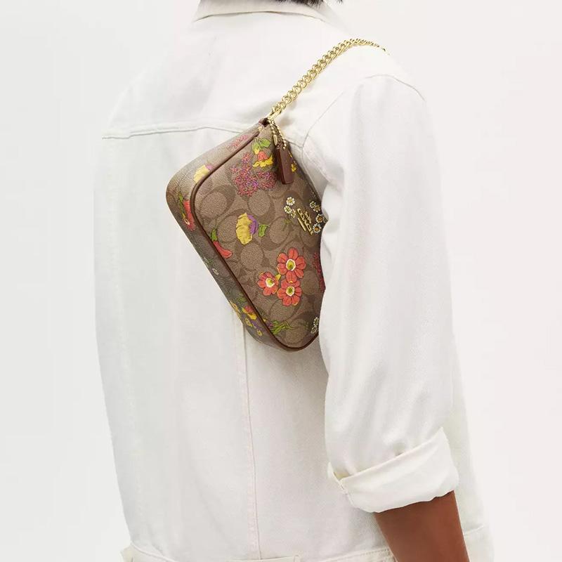 Coach Nolita 19 Floral Print Waterproof Canvas And Recycled Leather Tote Shoulder Bag Small Women Bags Gold Khaki Multicolor CR828-IME7V