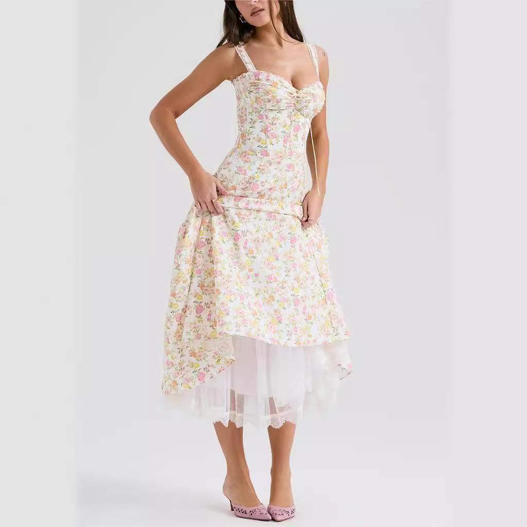 European and American sexy women's clothing new suspender sleeveless dress retro floral high waist long dress