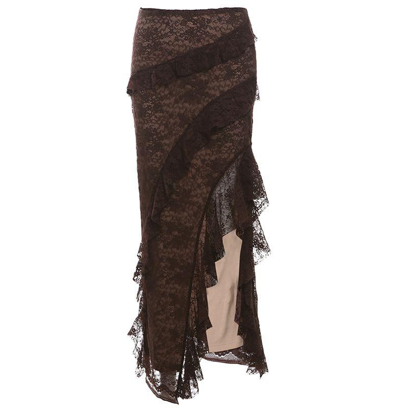 

Странная киска Гонконгский стиль Ретро Коричневая Фантазийная Юбка Женская С высокой талией Разрез Деревянное ухо Лоскутная юбка Brown S