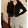 New Autumn Polo Collar Double Zipper Cardigan Long-sleeved T-shirt for Women's Design Short Cucumber Top