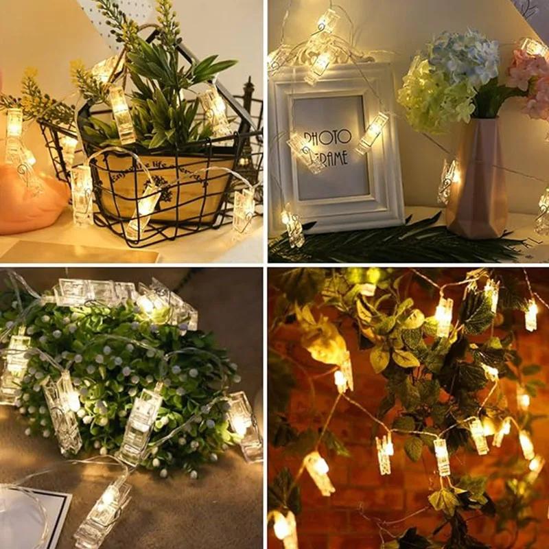 LED String Lights With Photo Clip Battery Powered Fairy Wall Lamp USB Copper Wire Light For Indoor Wedding Party Christmas Decor