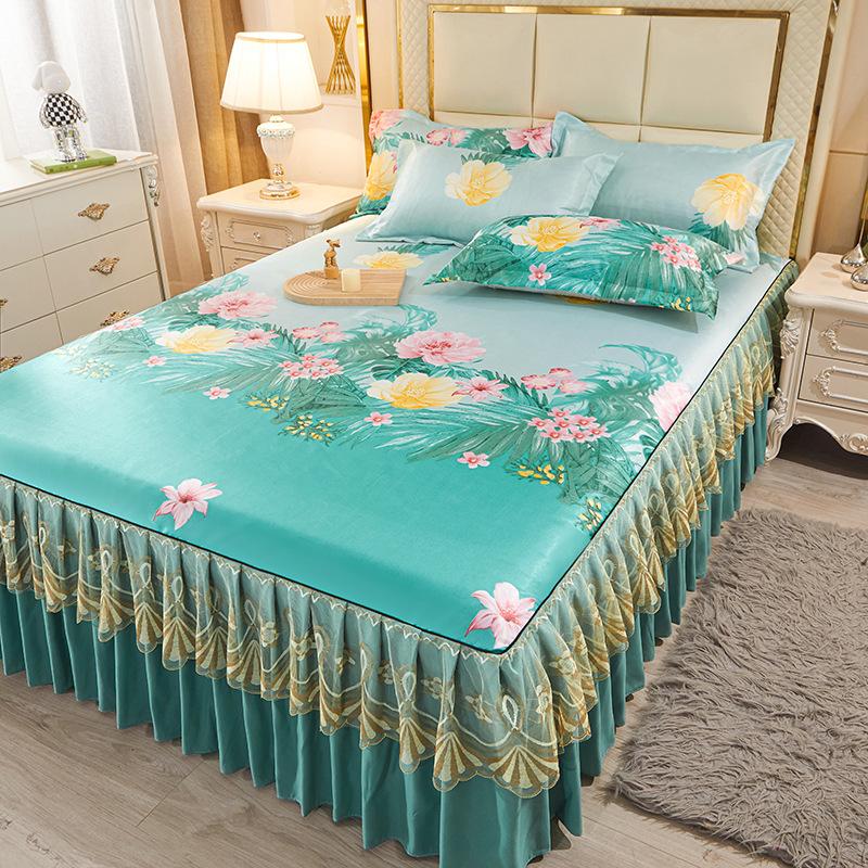 Summer Mat Viscose Fiber Mat Bed Skirt Three-Piece Set Household Double Summer Mat Machine Washable Fabric Cooling Mattress Soft Mat Bedspread