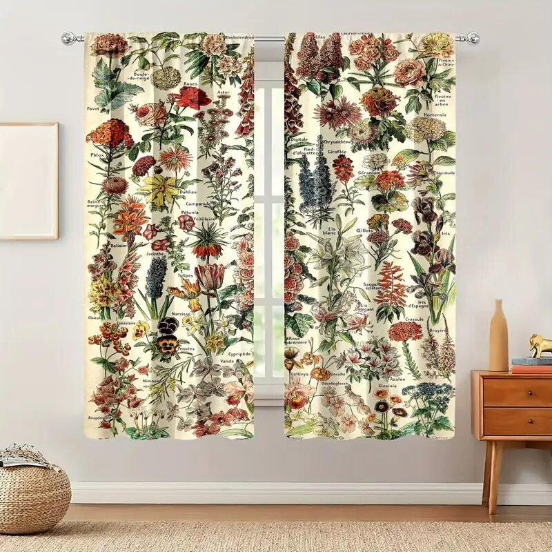 Christmas Decorations Retro Plant Animal Illustration Pattern Printed Curtains Home Decoration Room Curtain Made Of Polyester Washable