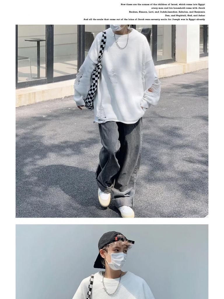 Autumn Men's Hole-Knit Sweater: New Lazy Style Pullover in Black or White