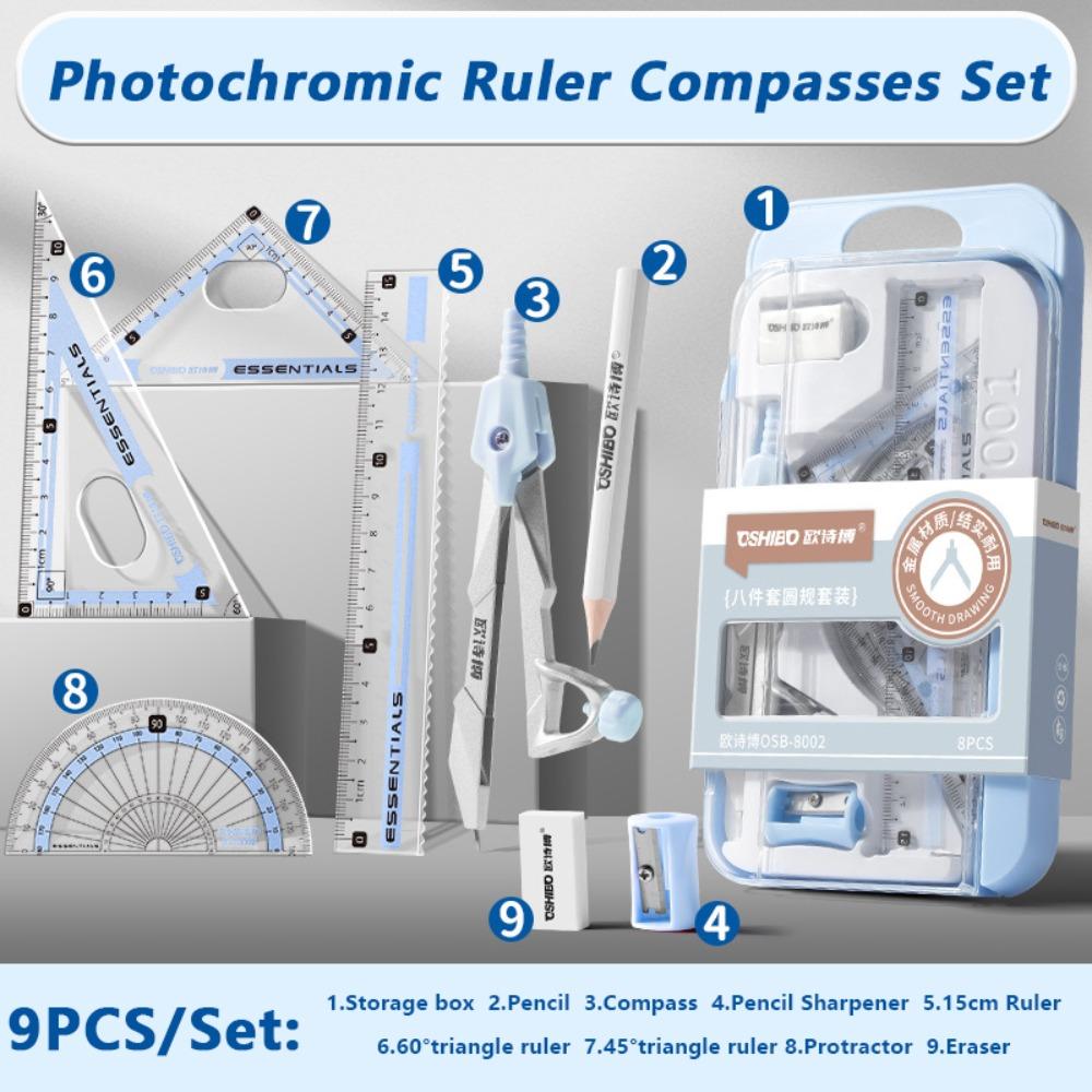 9PCS/Set Propelling Pencil Stationery Ruler Set Plastic Protractor Drawing Tool  Students