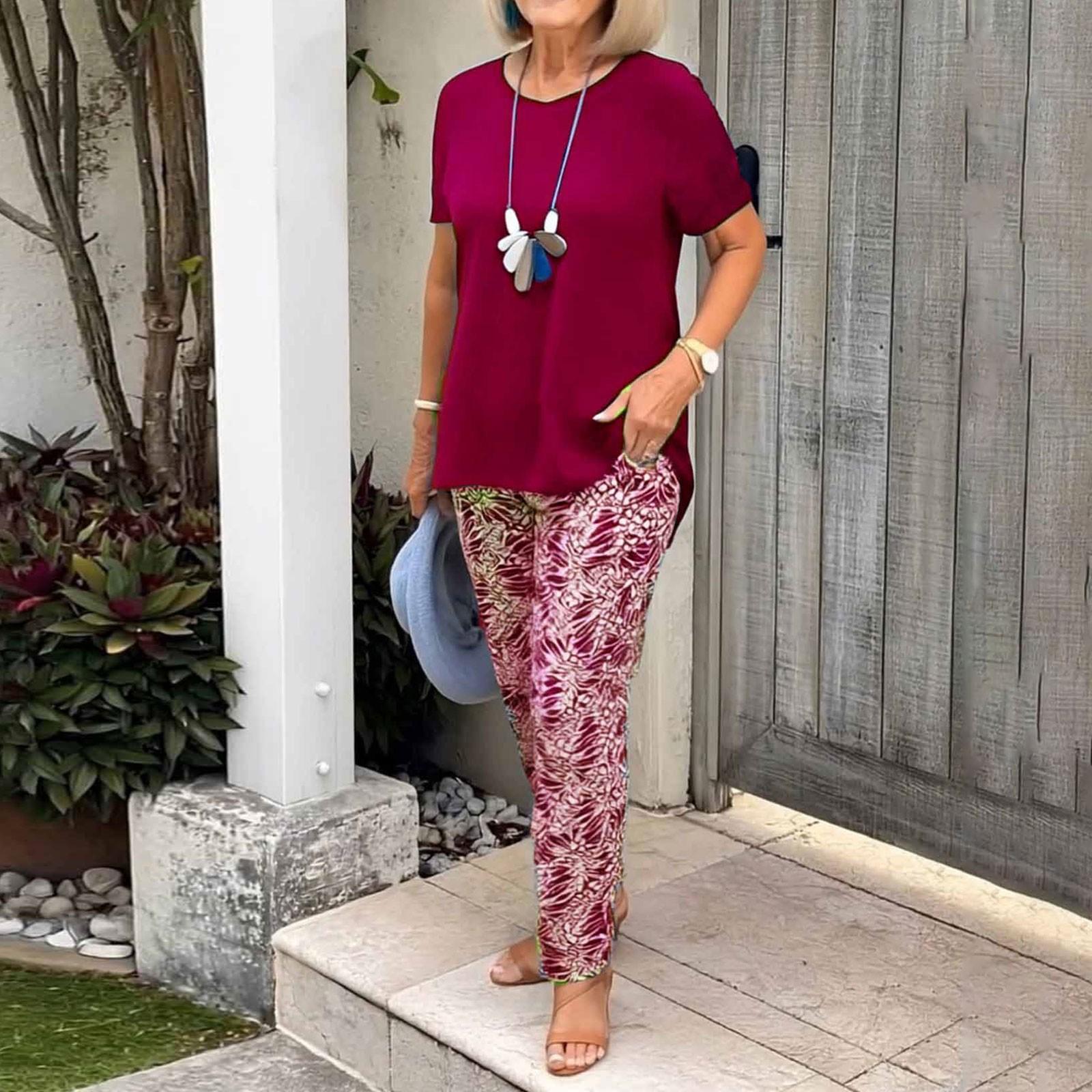 

Женский праздничный повседневный костюм из двух частей Мягкий и удобный летний свободный топ с напечатанными брюками Повседневный костюм из двух частей XL горячий розовый