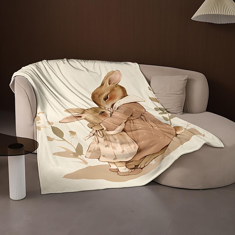 Two Rabbits Print Coral Fleece Blanket All Season Soft Throw for Sofa Bed Camping Office Home Decor Mixed Colors