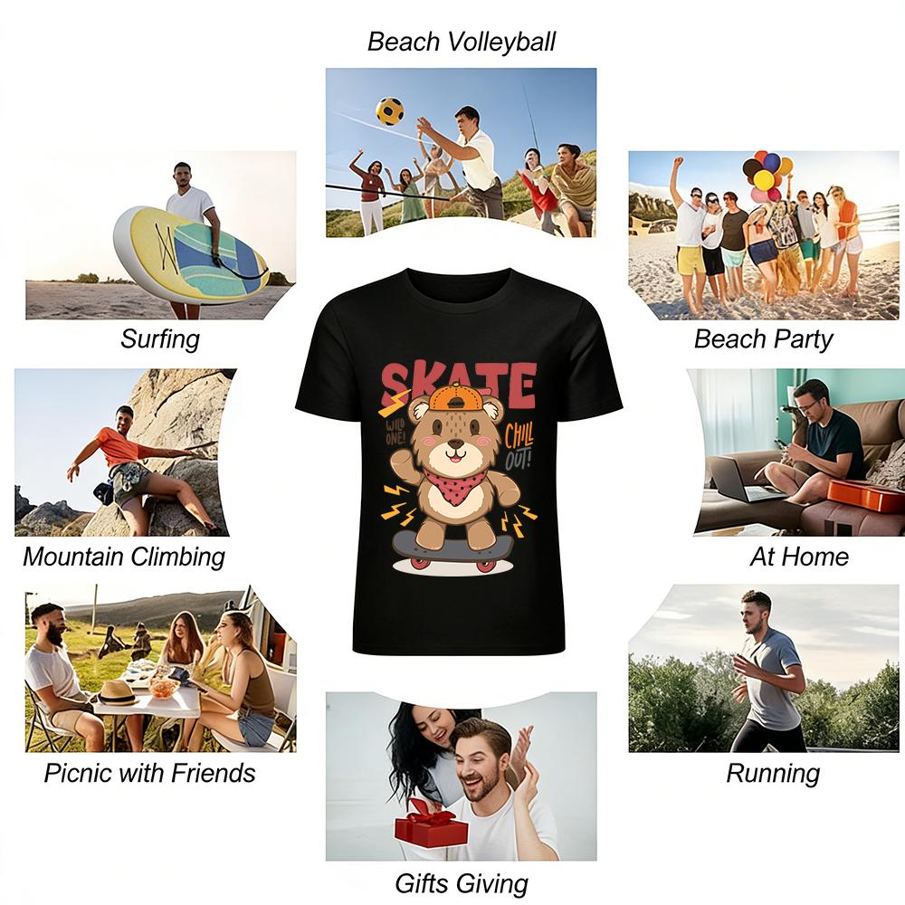 Cute Skate Bear Print Kids T Shirt Cool Street Style Loose Comfortable Short Sleeve for Boys Girls Pure cotton T-shirt