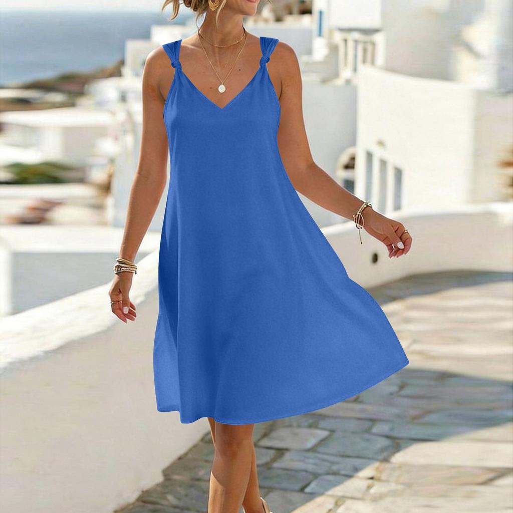 Vestido Casual de Verano para Mujer sin Mangas, Cuello en V, Tirantes de Corbata, Corte Holgado, Línea A, Diseño Sencillo de Color Sólido, Tejido Ligero