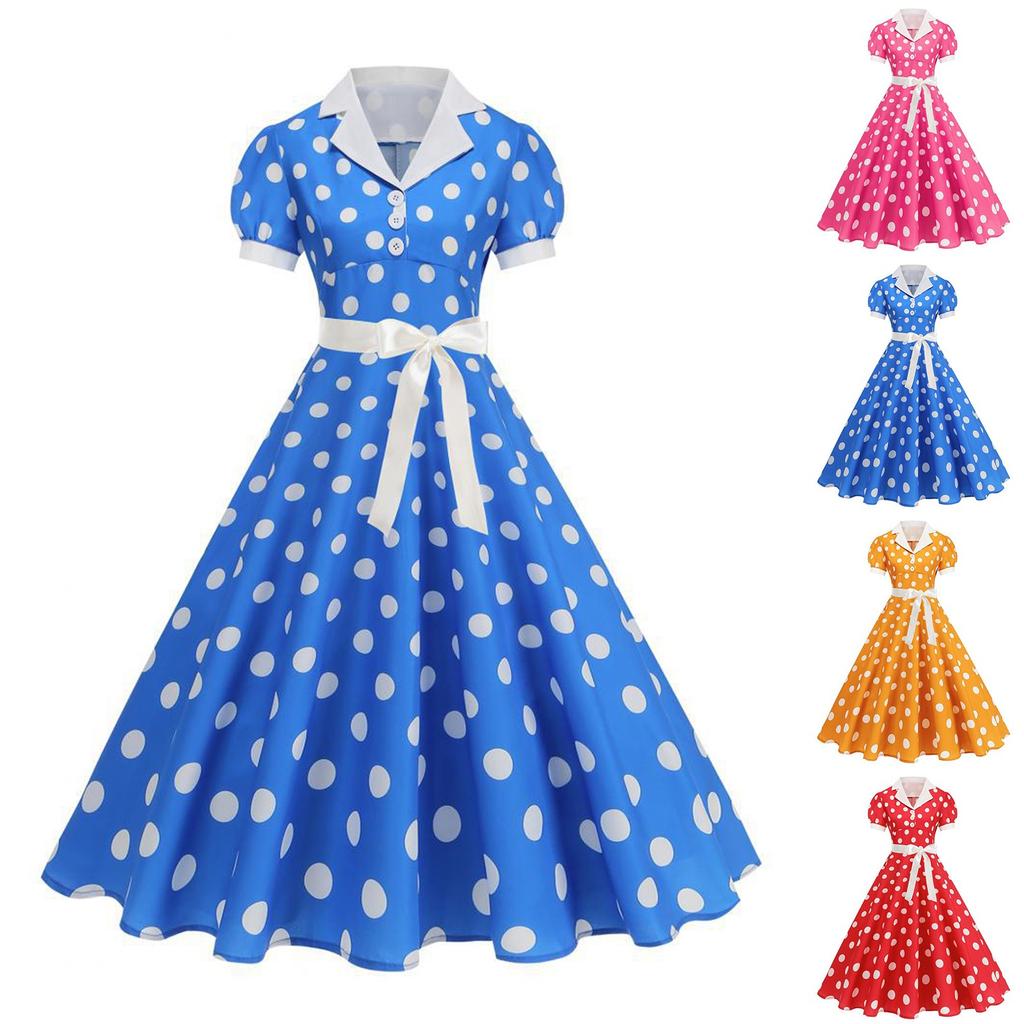 Vintage 1950s Polka Dot Dress for Women, Short Sleeve Retro Swing Dress with Belt, Classic A-Line Tea Party Dress