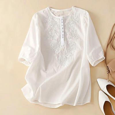 Ladies Top Embroidered Round Neck Elegant Short Sleeve Cotton Linen Vintage Embroidery