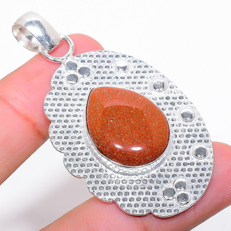 Red Sunstone Gemstone Handmade 925 Sterling Silver Jewelry Pendant 2.29"