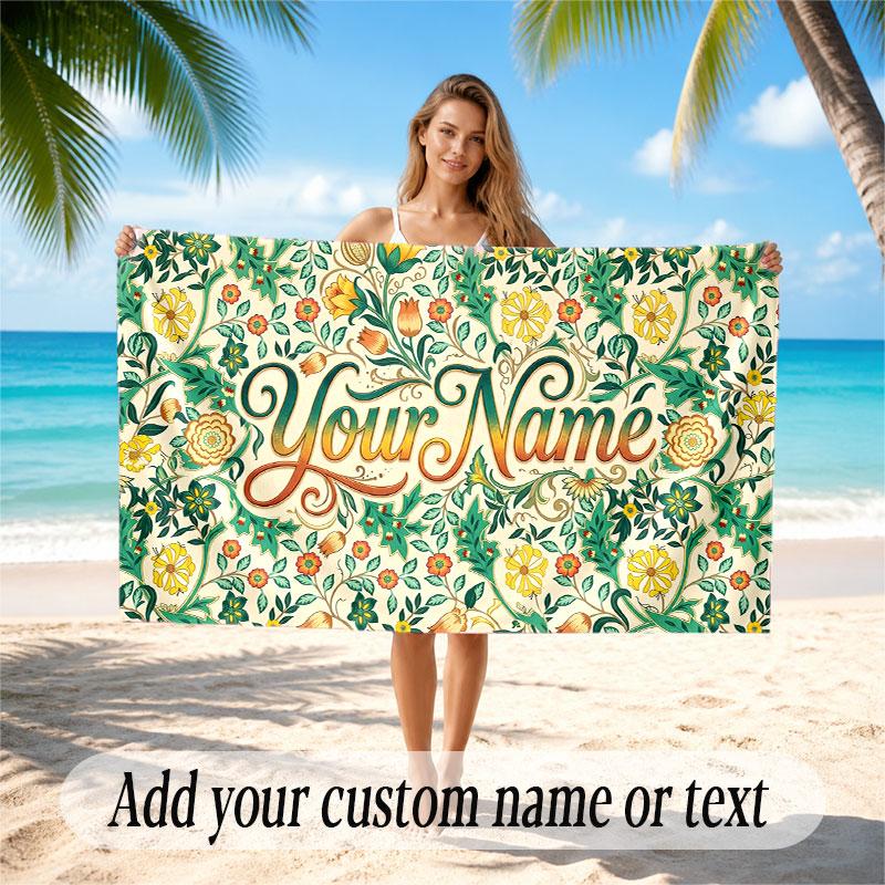 Floral Garden Theme Soft Beach Towel Personalized Custom Name Text Towel Portable for Beach Pool Travel