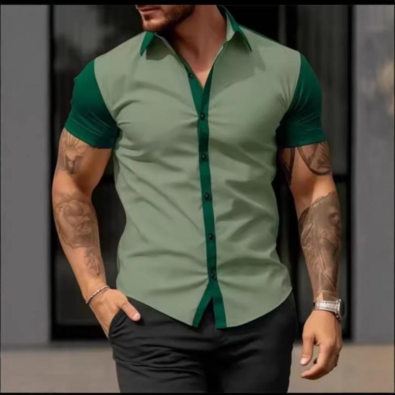 Men s Two Tone Green Short Sleeve Shirt Slim Fit Button Down Casual Blouse S