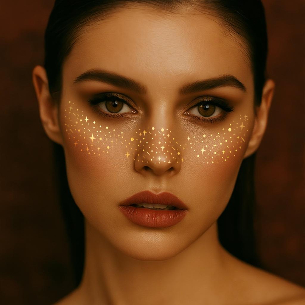 6 Sheets Glitter Freckles Face Tattoo Stickers -Golden Metallic Temporary Face Tattoos with Star & Dot Designs,Party Accessories