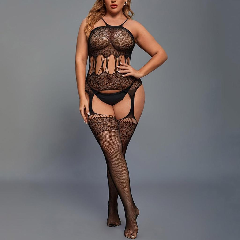 Women Sexy Lingerie Fishnet Bodystocking Babydoll Halter Chemise Deep V Hot Mesh Bodysuits Bodycon Jumpsuit Babydoll One Size