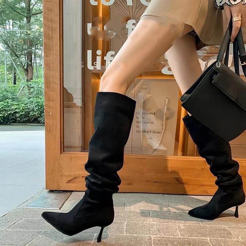 Vintage Pleated Women Knee High Boots Fashion Pointed Toe High Heels Shoes Autumn Winter Ladies Sexy Long Botas De Mujer