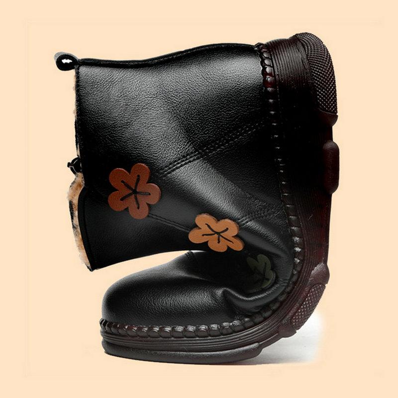 Winter Fashion Genuine Leather Plush Warm Ankle Boots Lady Soft Comfortable Flat Shoes Female Casual Lightweight Cotton Boots